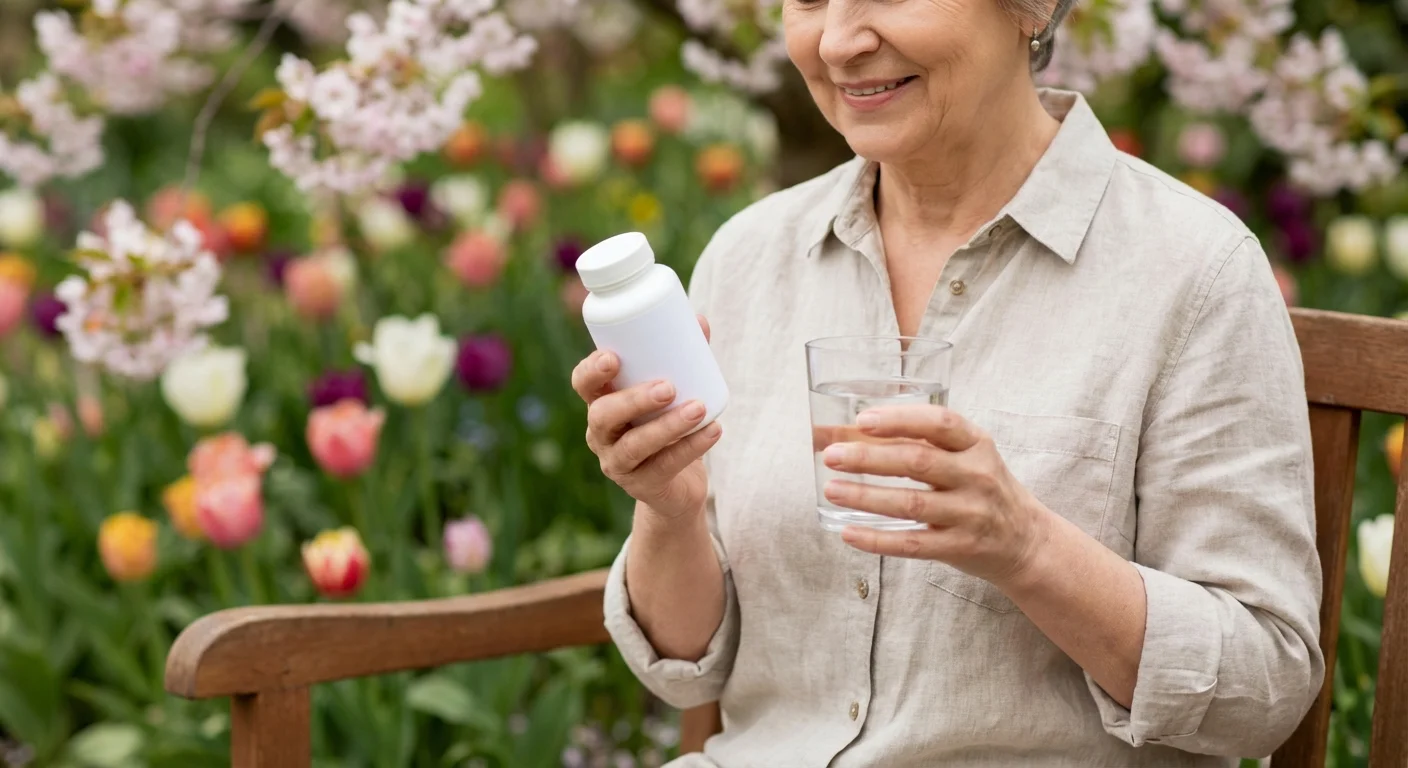A senior woman in a garden holding a glass of water and a medicine bottle, ready for allergy season.