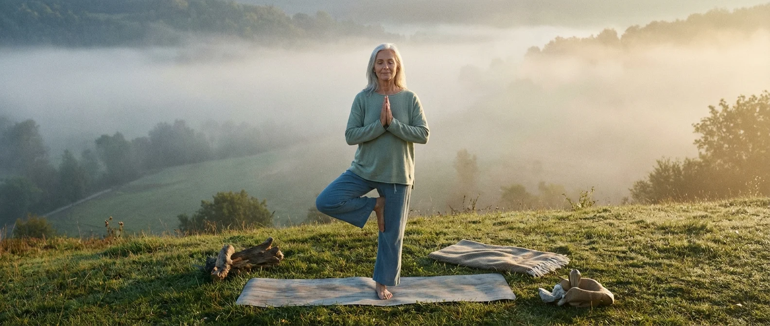 A senior woman practicing yoga outdoors in a peaceful, scenic landscape, symbolizing relaxation in retirement.
