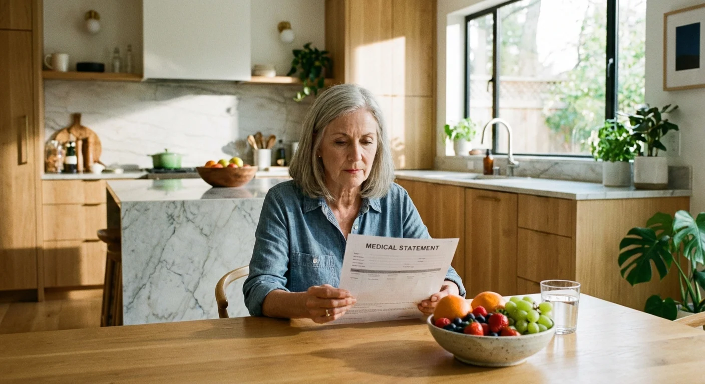 A senior woman reviews a medical statement in a sunlit kitchen, representing healthcare costs.