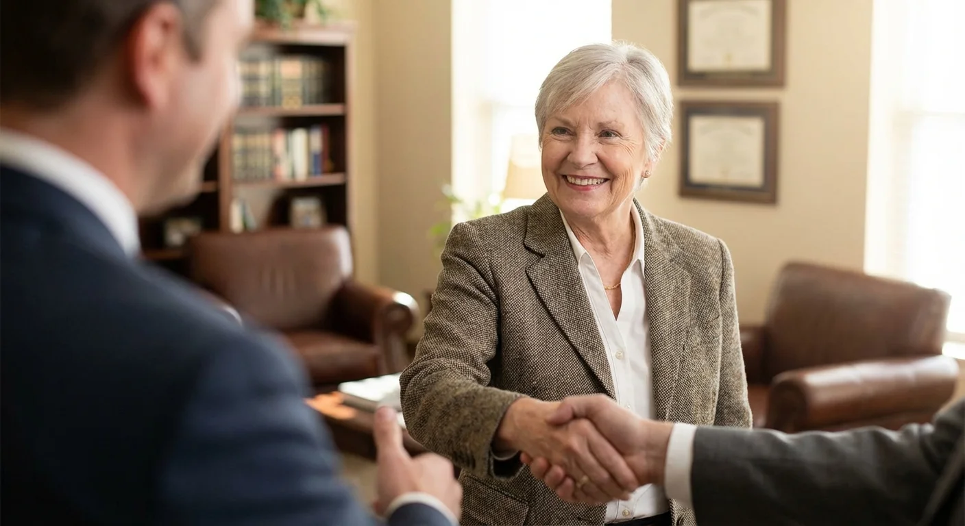 A senior woman shaking hands with a professional advisor in a bright, trustworthy office setting.