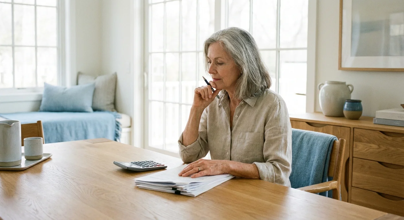 A senior woman sitting at a desk, reviewing her monthly expenses with a focused expression.