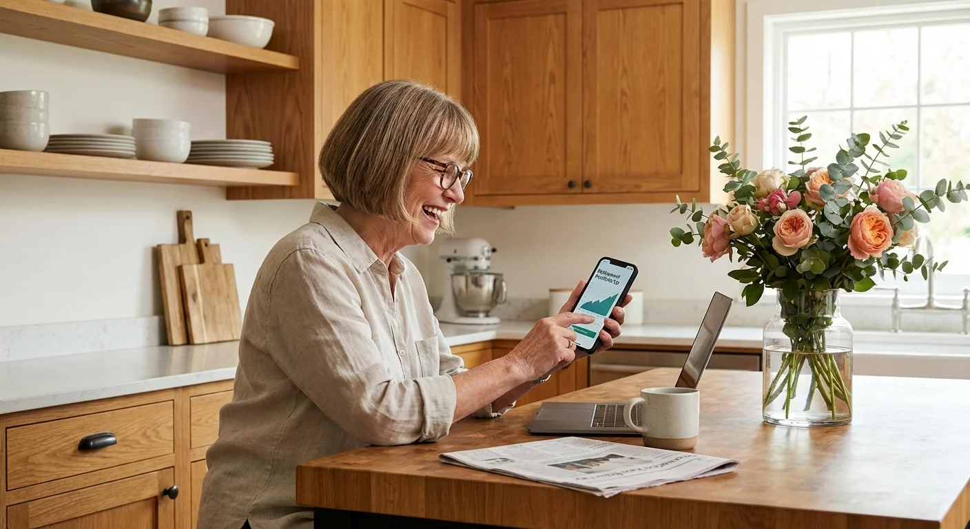 A senior woman smiling at her phone while sitting in a bright, modern kitchen.