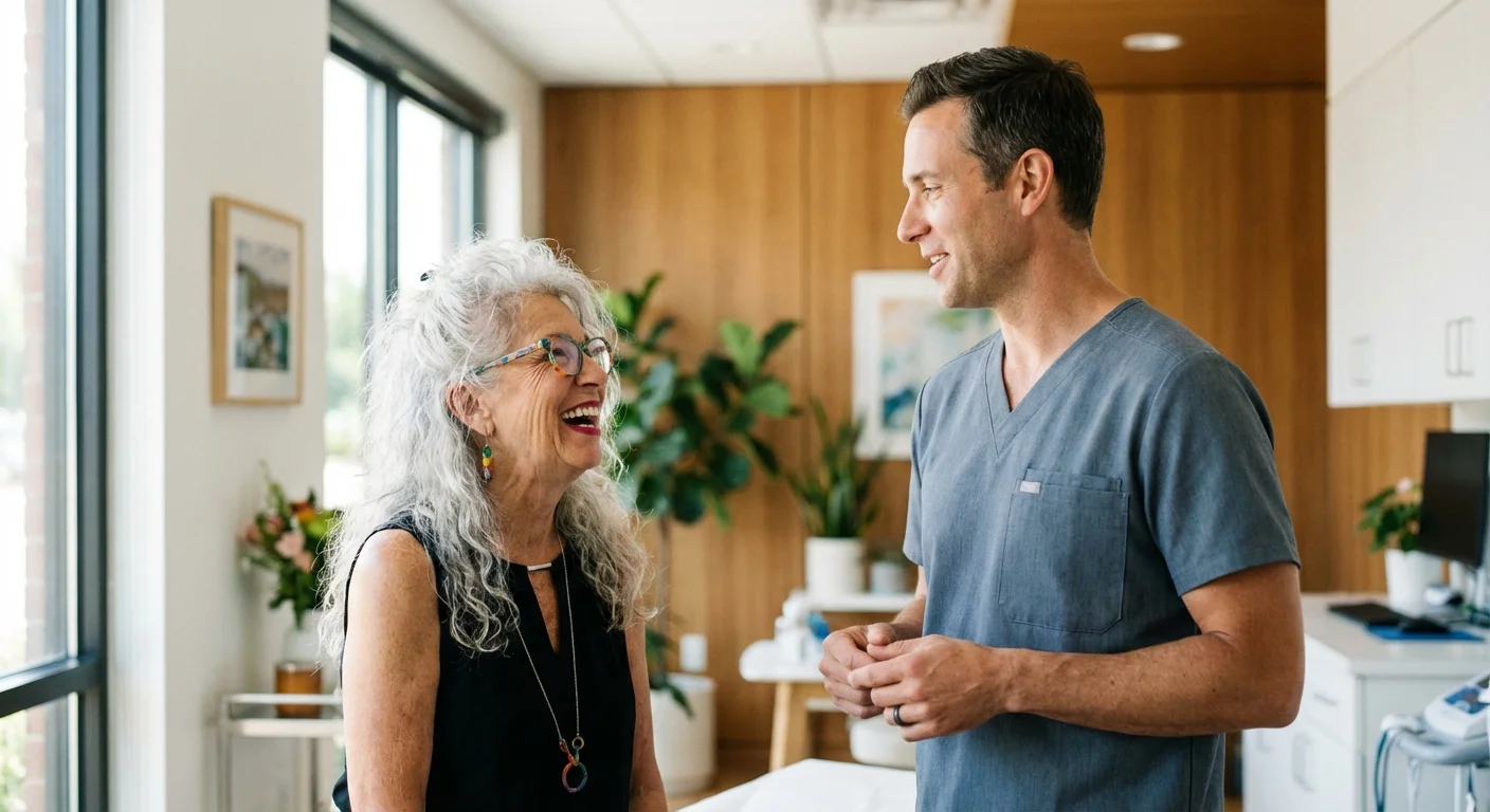 A senior woman smiling during a consultation at a modern, well-lit medical office.