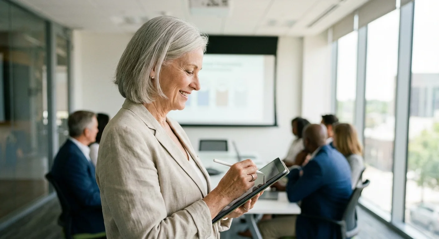 A senior woman taking notes during a professional training session.