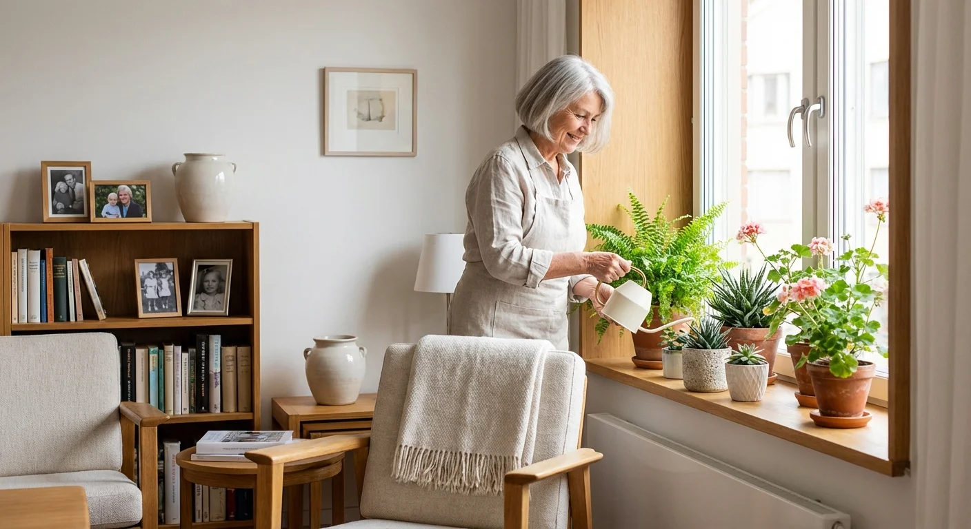 A senior woman tending to indoor plants in her bright, modern apartment.