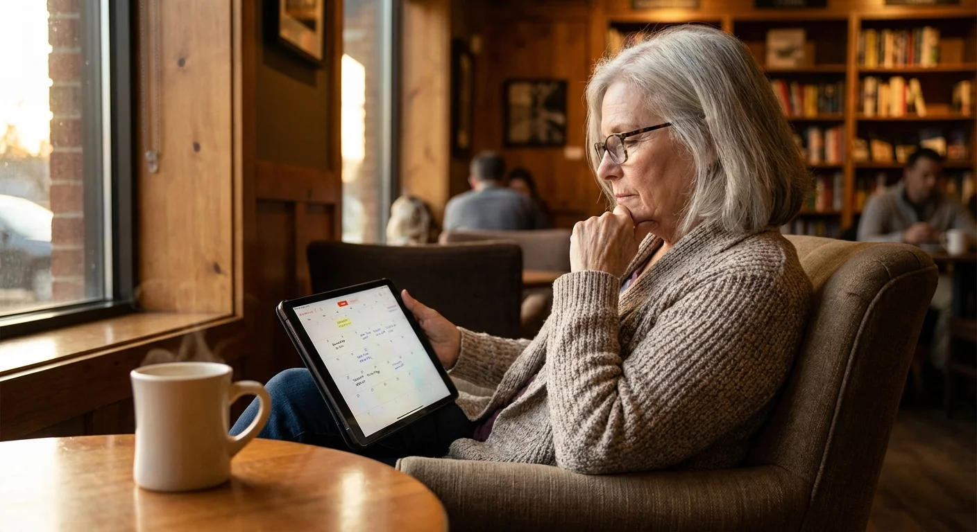 A senior woman thoughtfully checking her schedule in a peaceful cafe setting.