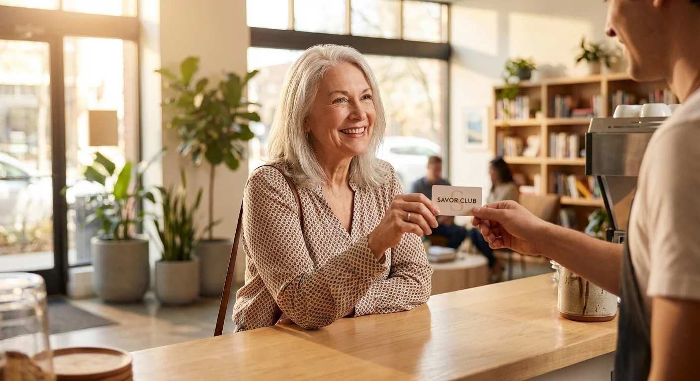 A senior woman using a discount card at a modern, upscale cafe.