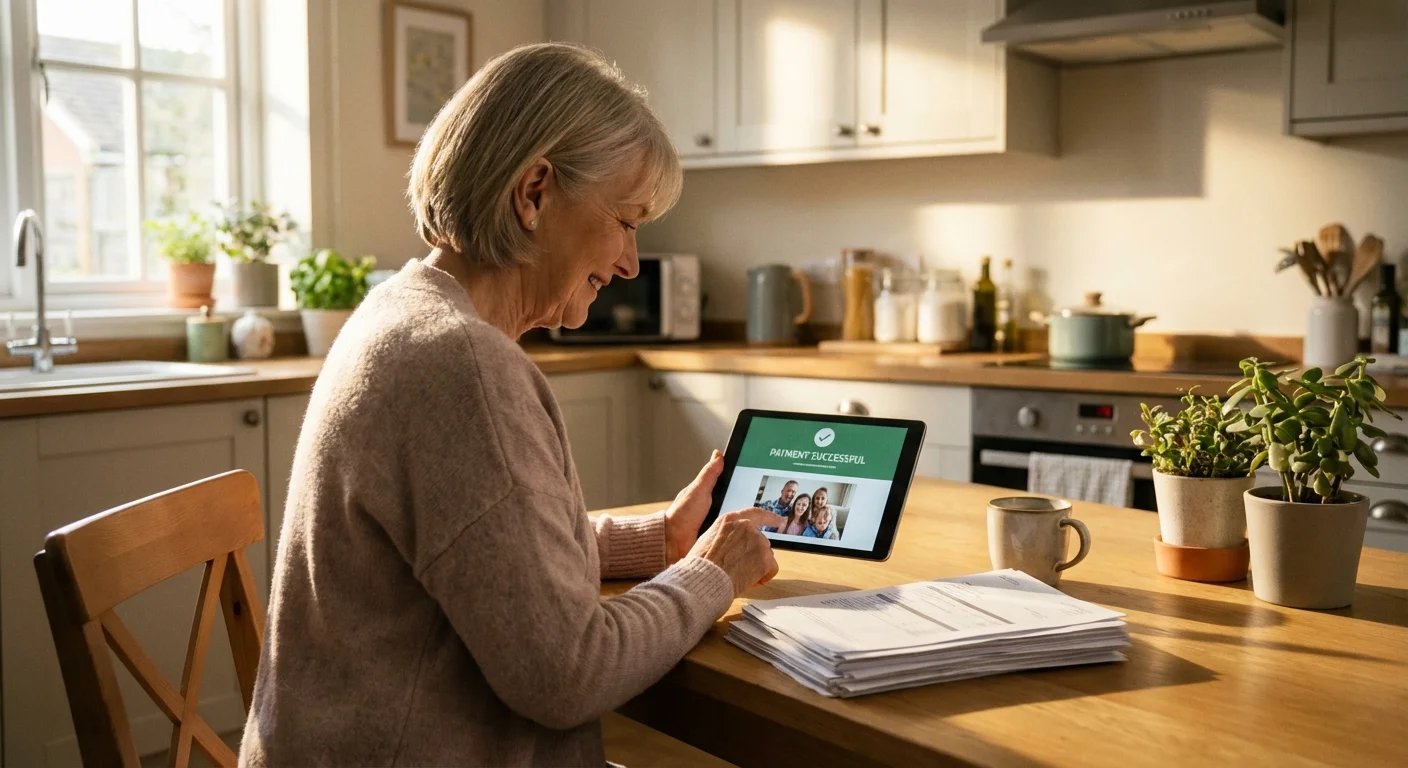 A senior woman using a tablet at a sunlit kitchen table to manage her finances.