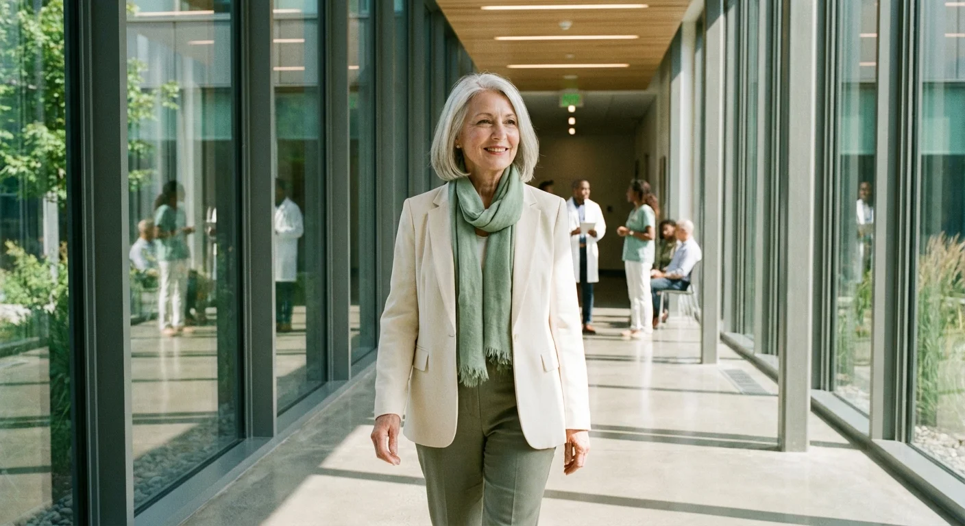 A senior woman walking through a modern, sunlit medical clinic for a screening.