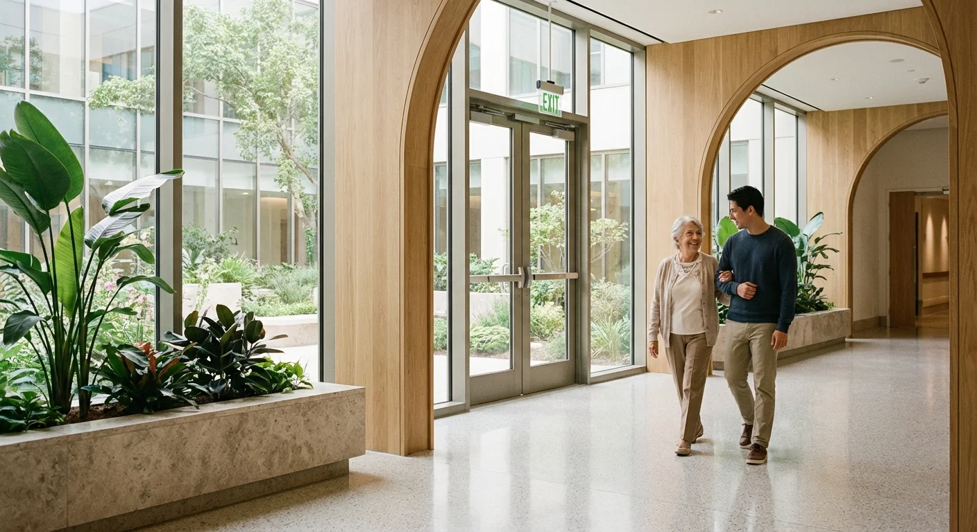 A senior woman walks through a modern, bright hospital hallway during discharge.
