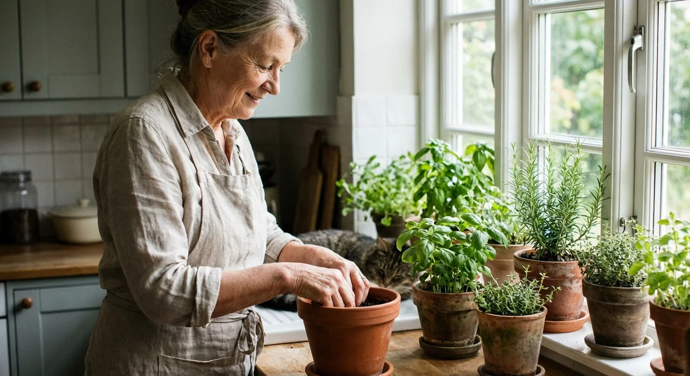 A senior woman waters small herb plants on a sun-drenched kitchen windowsill.