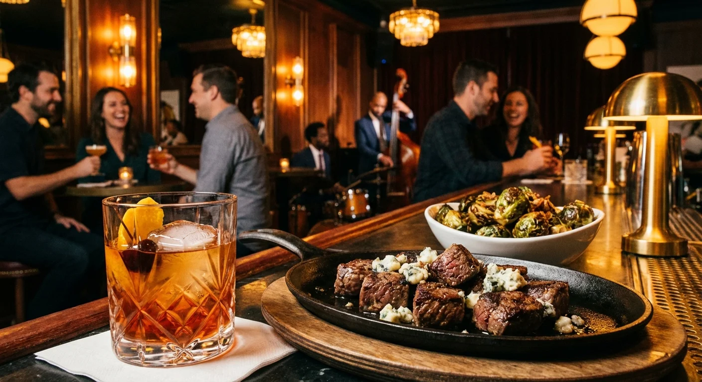 A signature cocktail and savory appetizers at a lively, jazz-inspired steakhouse bar.
