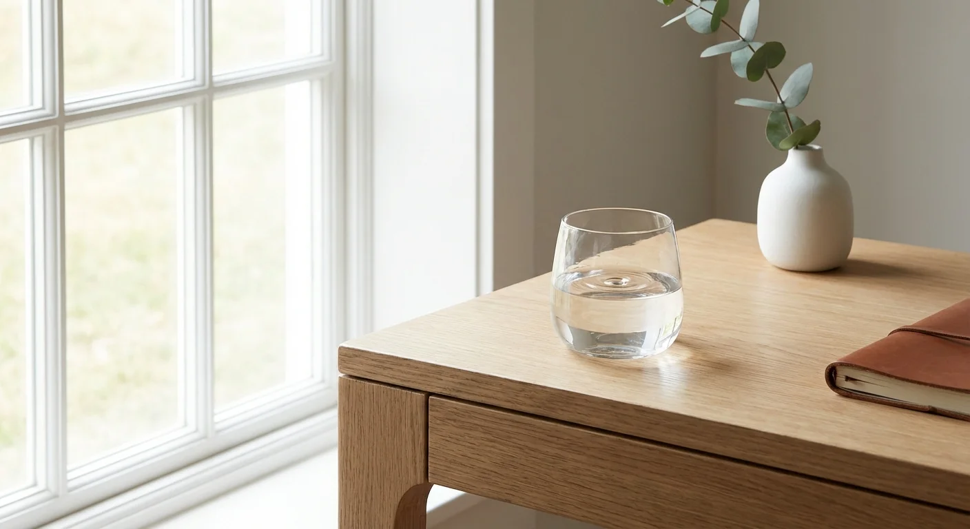 A single drop creates a ripple in a glass of water on a wooden desk in a sunlit office.