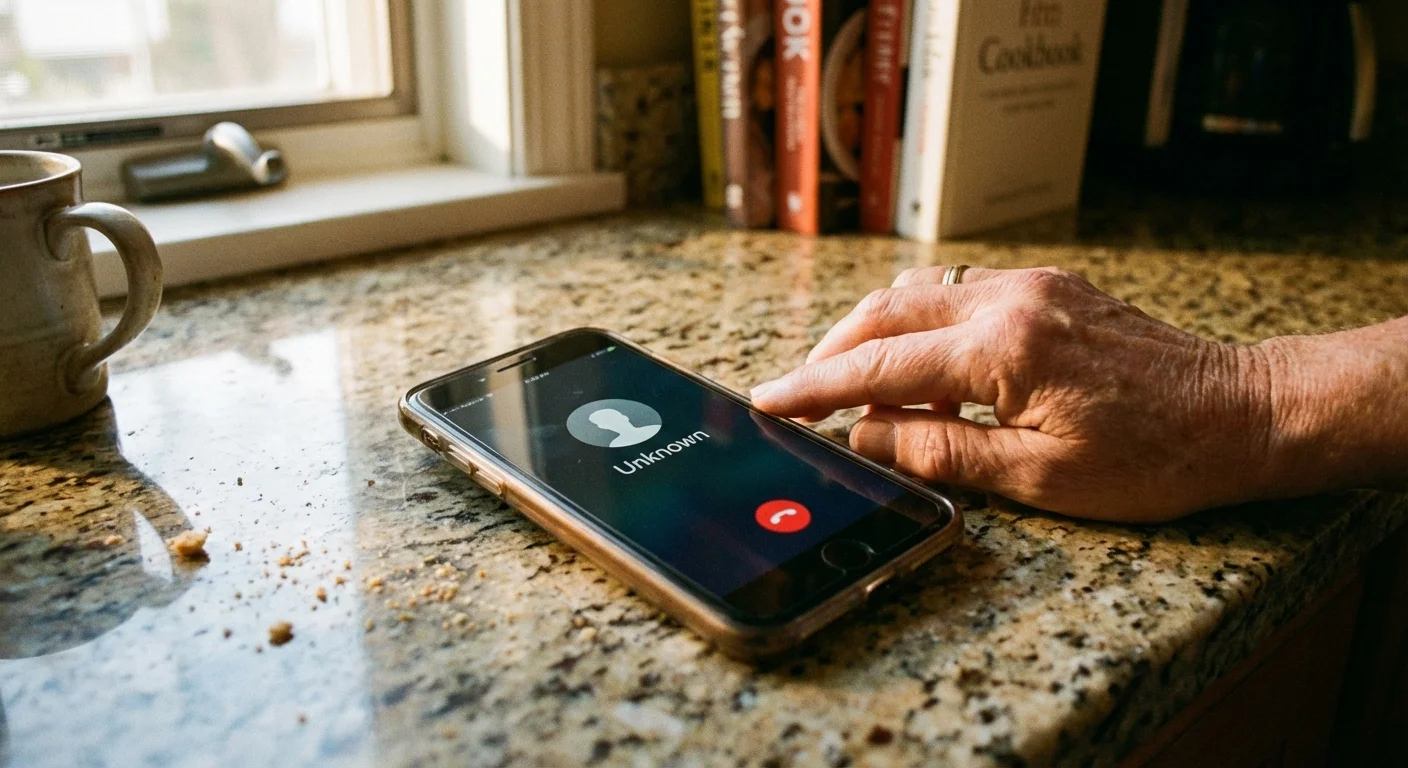 A smartphone on a counter showing an unknown caller with a hand reaching to ignore it.