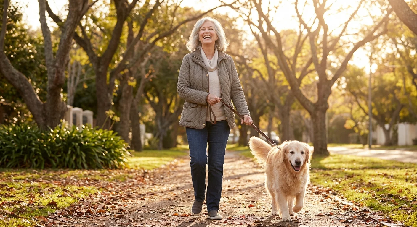 A smiling retiree woman walking a golden retriever in a sun-drenched park.