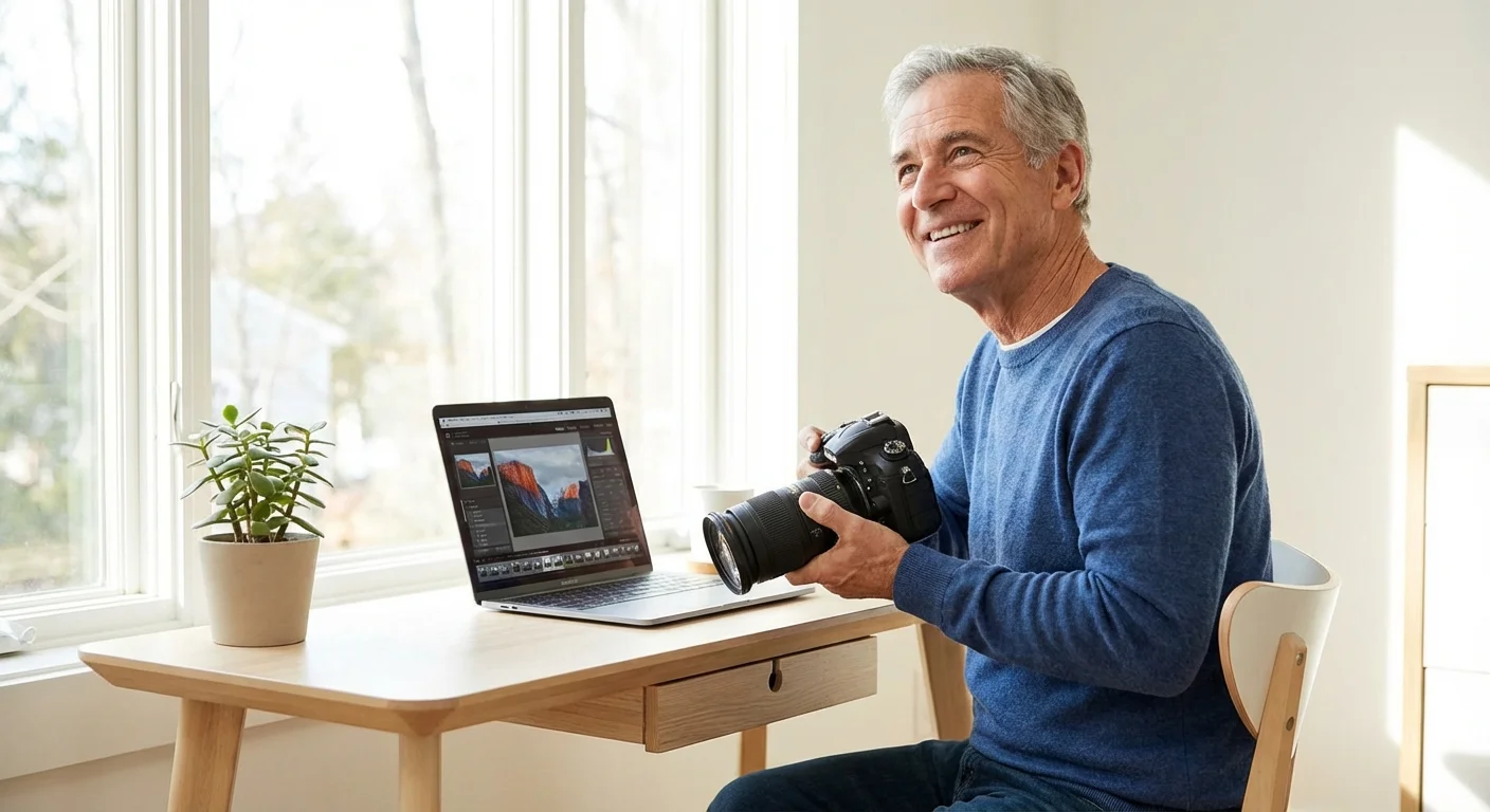 A smiling senior man at a bright desk looking inspired to start a new creative project.