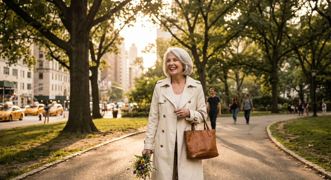 A smiling senior woman walking through a beautiful urban park at sunset, looking hopeful.