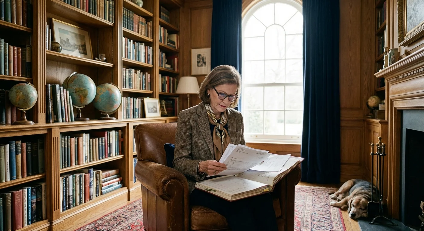 A sophisticated retiree reviews her financial portfolio in a sunlit home library.