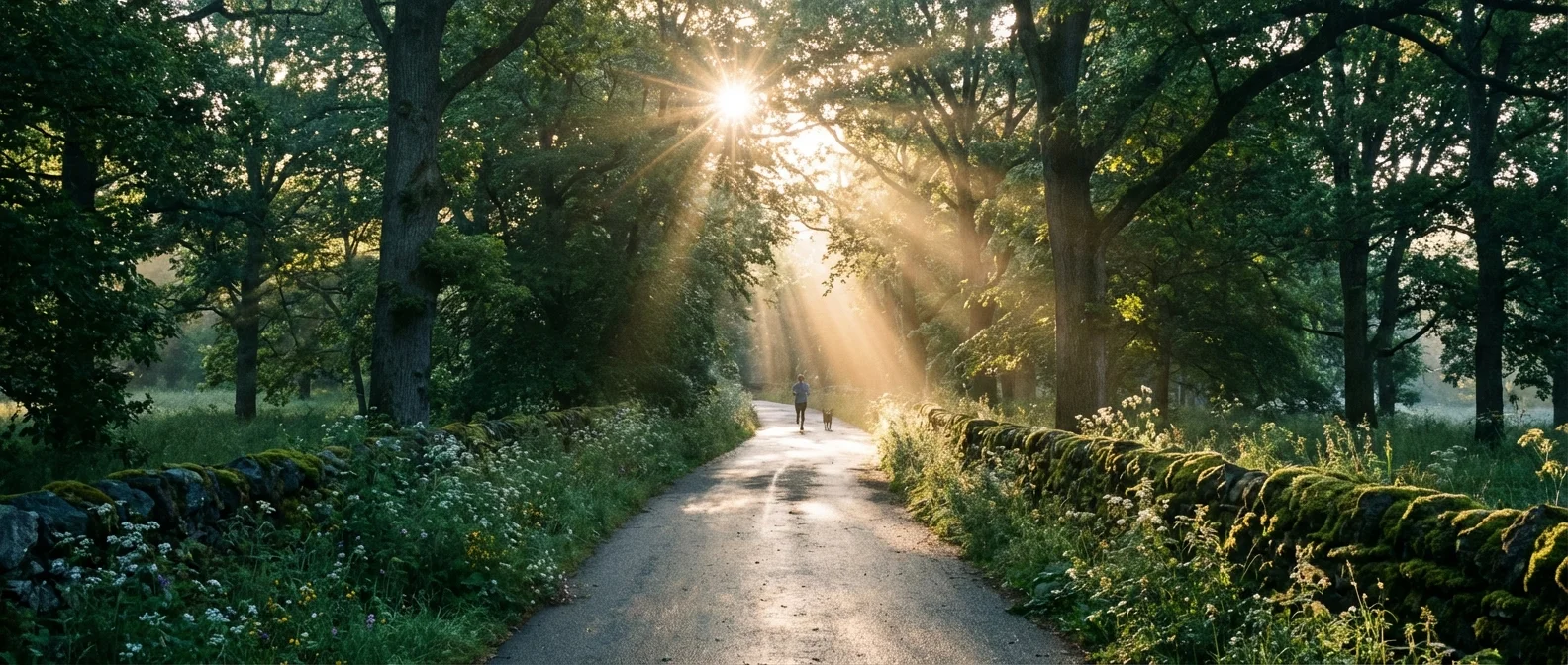 A sunlit path through a green park representing a clear financial future.