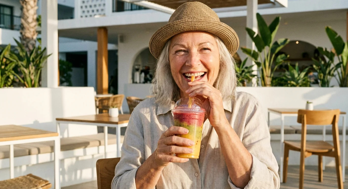 A vibrant senior woman enjoying a healthy drink at an outdoor cafe.
