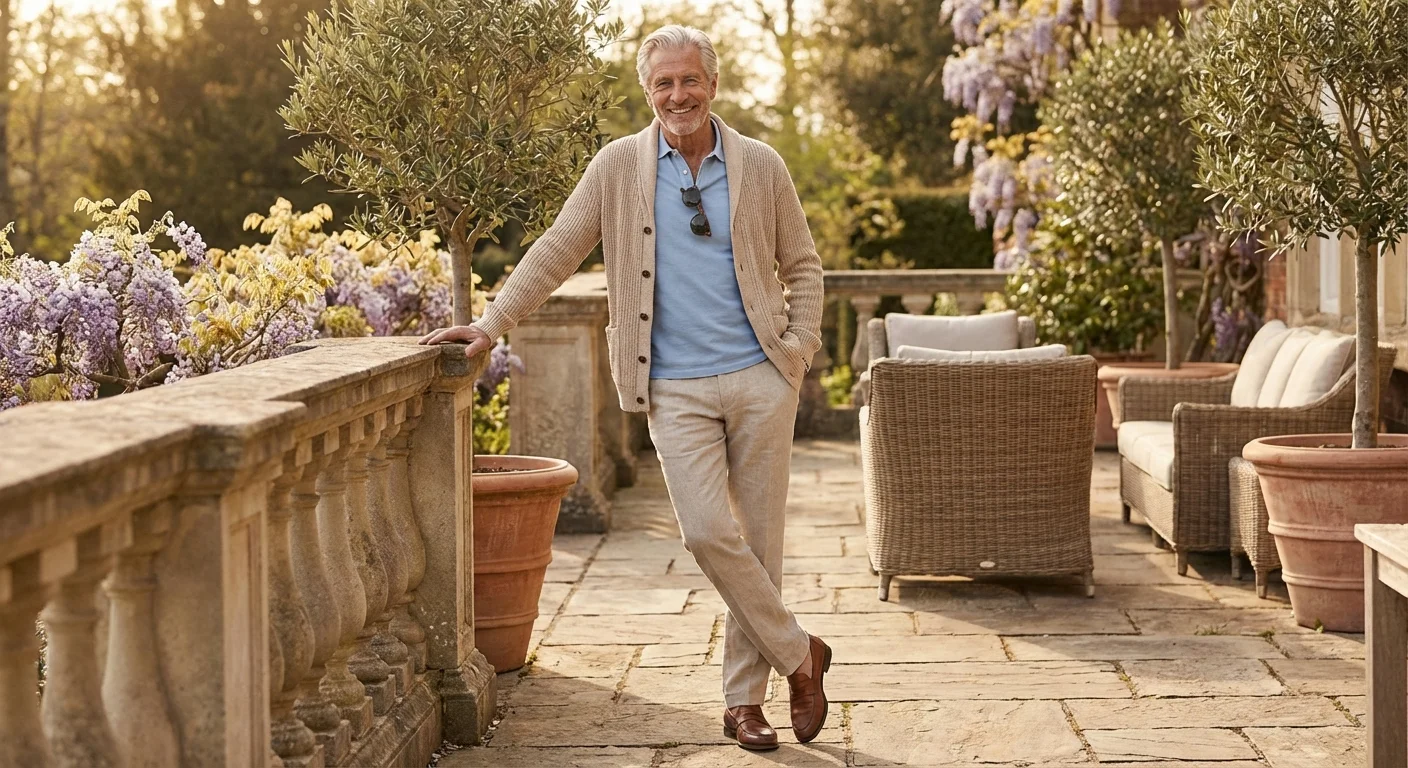A well-dressed senior man wearing a light spring cardigan standing on a sunny outdoor patio.