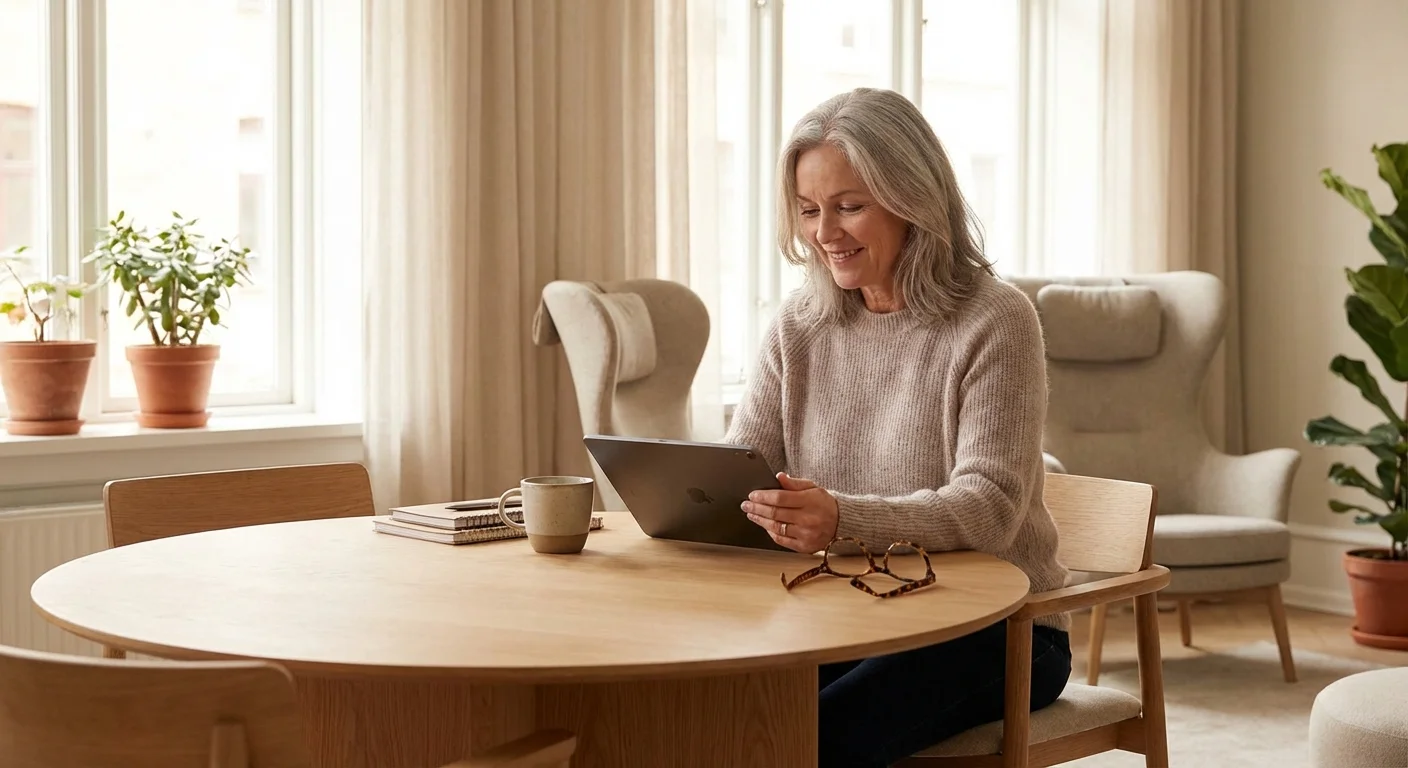 A woman calmly reviewing financial updates on a tablet in a bright, modern home.