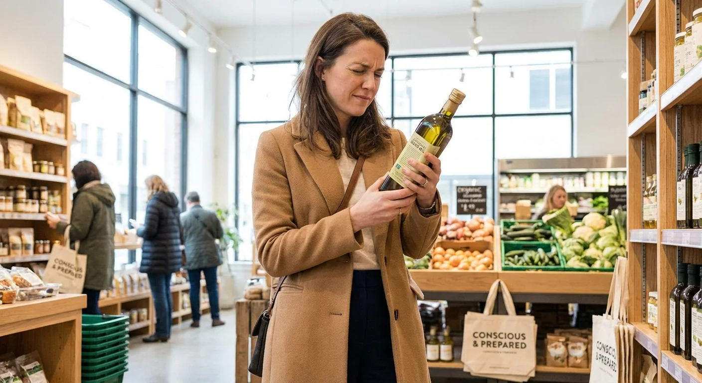 A woman checking a product label in a bright store, symbolizing inflation awareness.