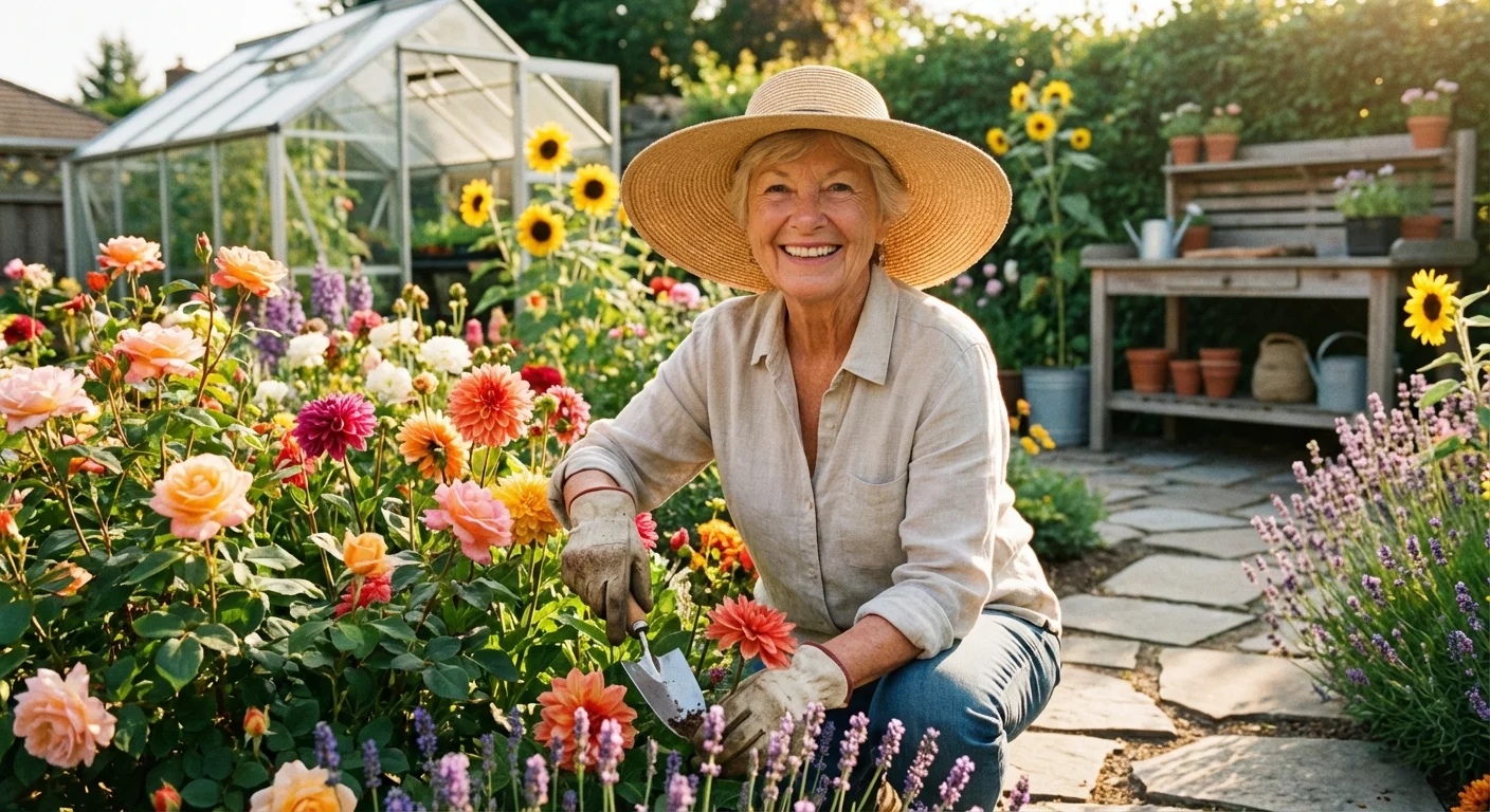 A woman gardening in a sunlit backyard, representing active retirement planning.