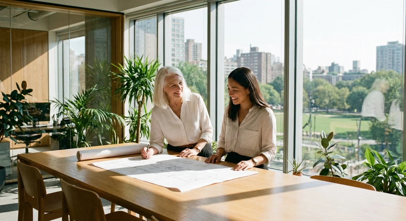 A woman having a positive meeting with a professional advisor in a bright office.