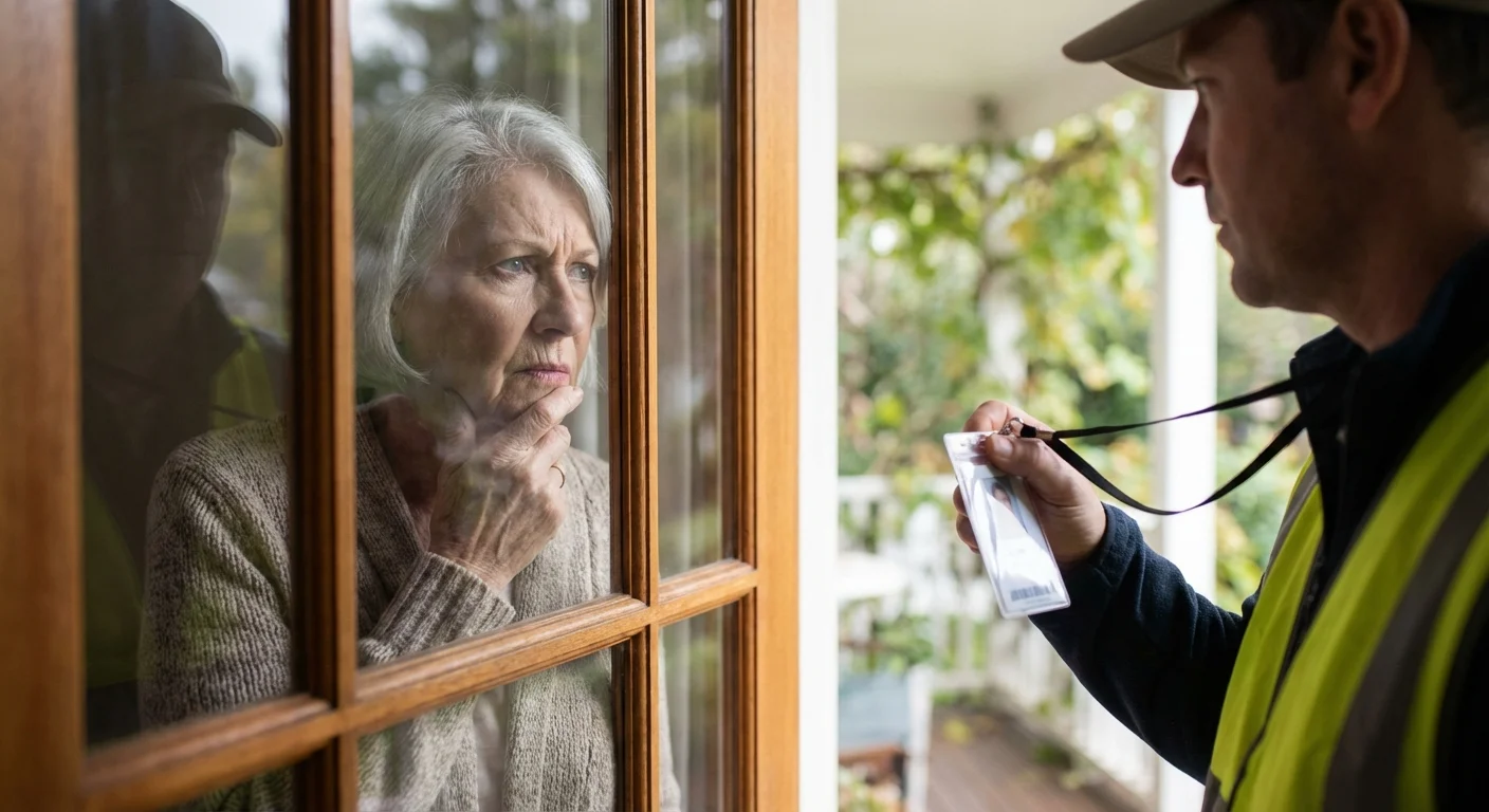 A woman inspecting a utility worker's identification badge through a glass door.