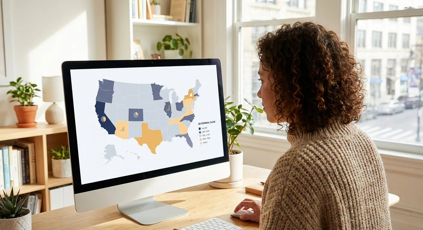 A woman looking at a U.S. map on a computer screen, representing state-specific tax variations.