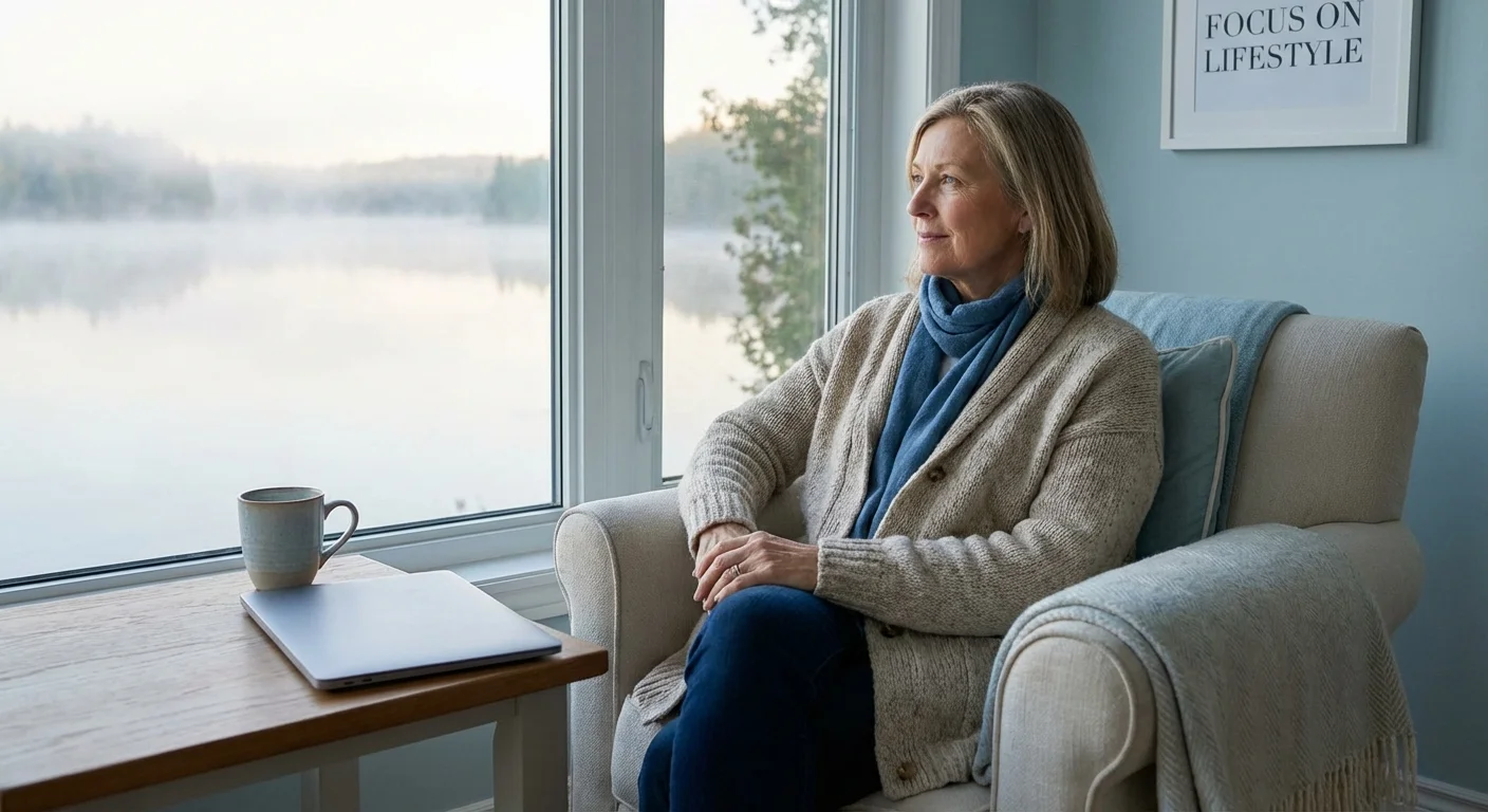 A woman looking out at a peaceful lake, representing detachment from stock market stress.