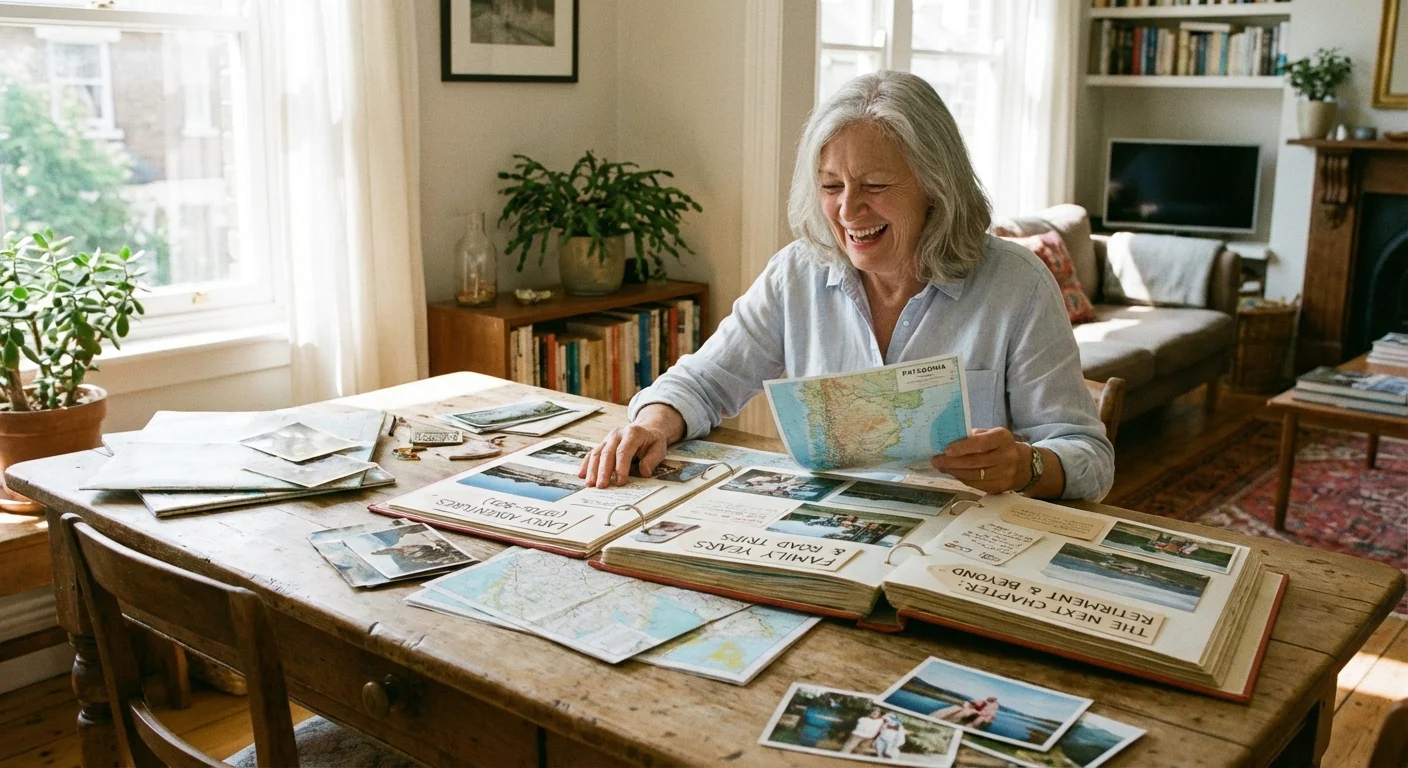 A woman organizing travel plans, representing different financial 'buckets'.