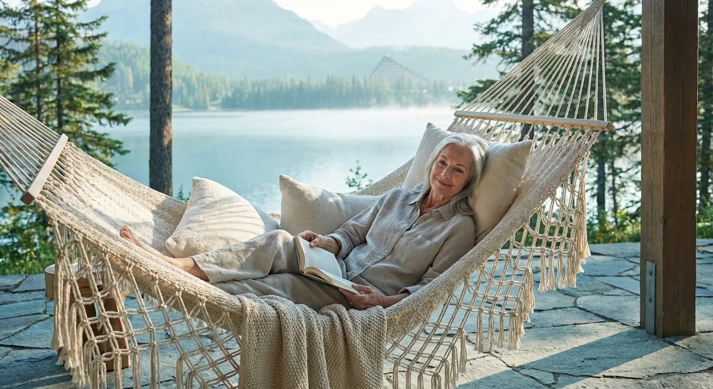 A woman relaxing in a hammock by a lake, symbolizing the ease of passive income.