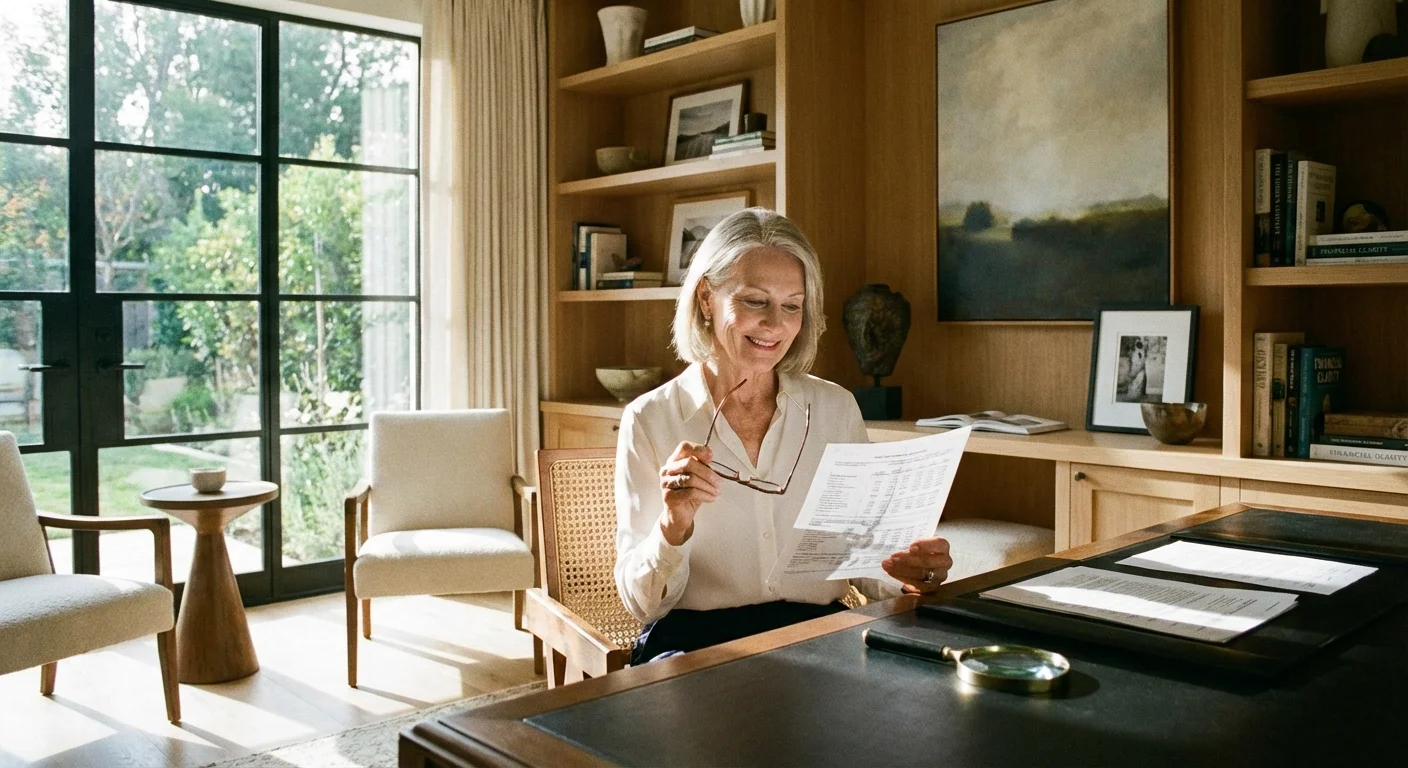 A woman reviewing documents in a bright, organized home office.