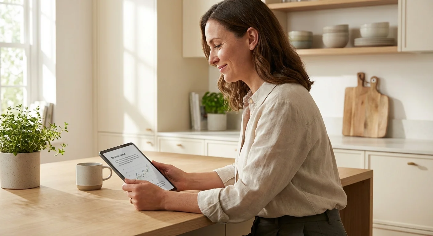 A woman reviewing financial data on a tablet in a bright kitchen.
