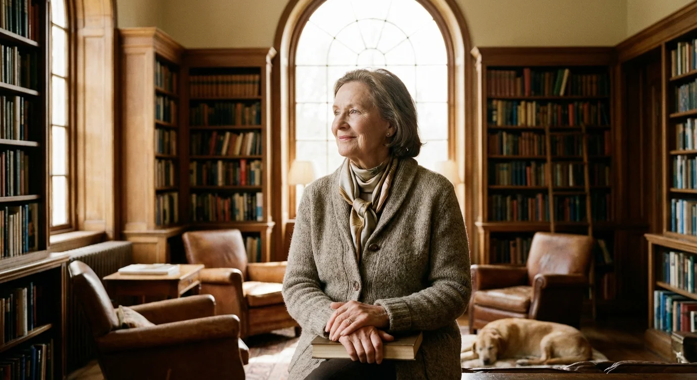 A woman sitting peacefully in a library, symbolizing the security of survivor benefits.