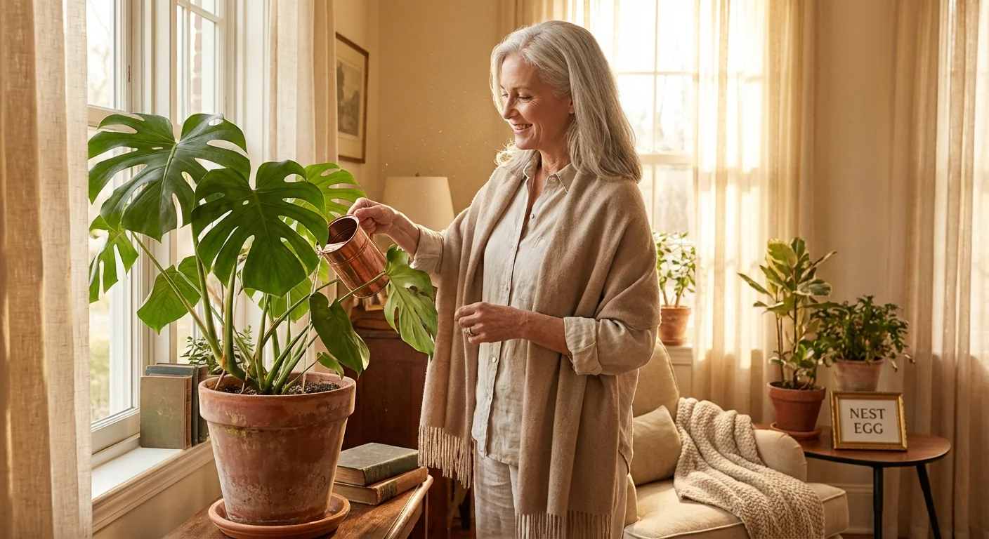 A woman watering a lush indoor plant in a sunlit room.