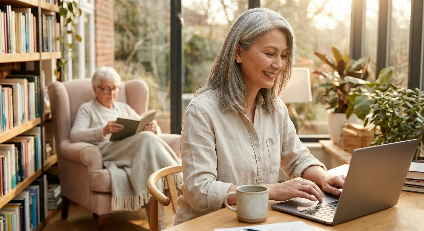 A woman working in a bright home office with her elderly parent relaxing in the background.