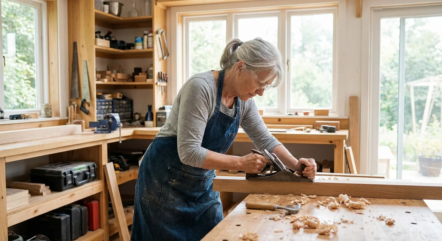 A woman working on a woodworking project, representing new purpose in retirement.