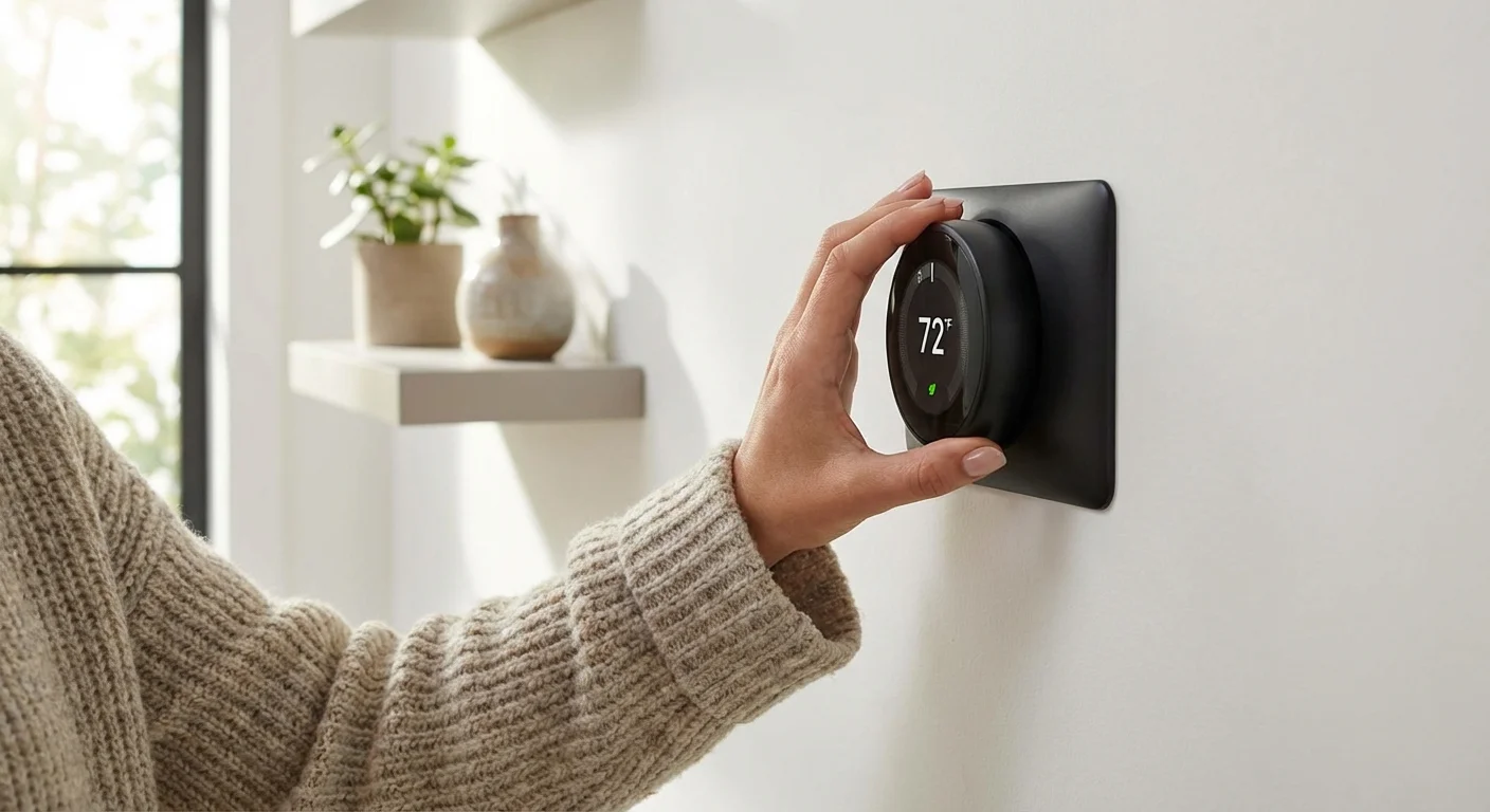 A woman's hand adjusting a modern smart thermostat on a white wall.