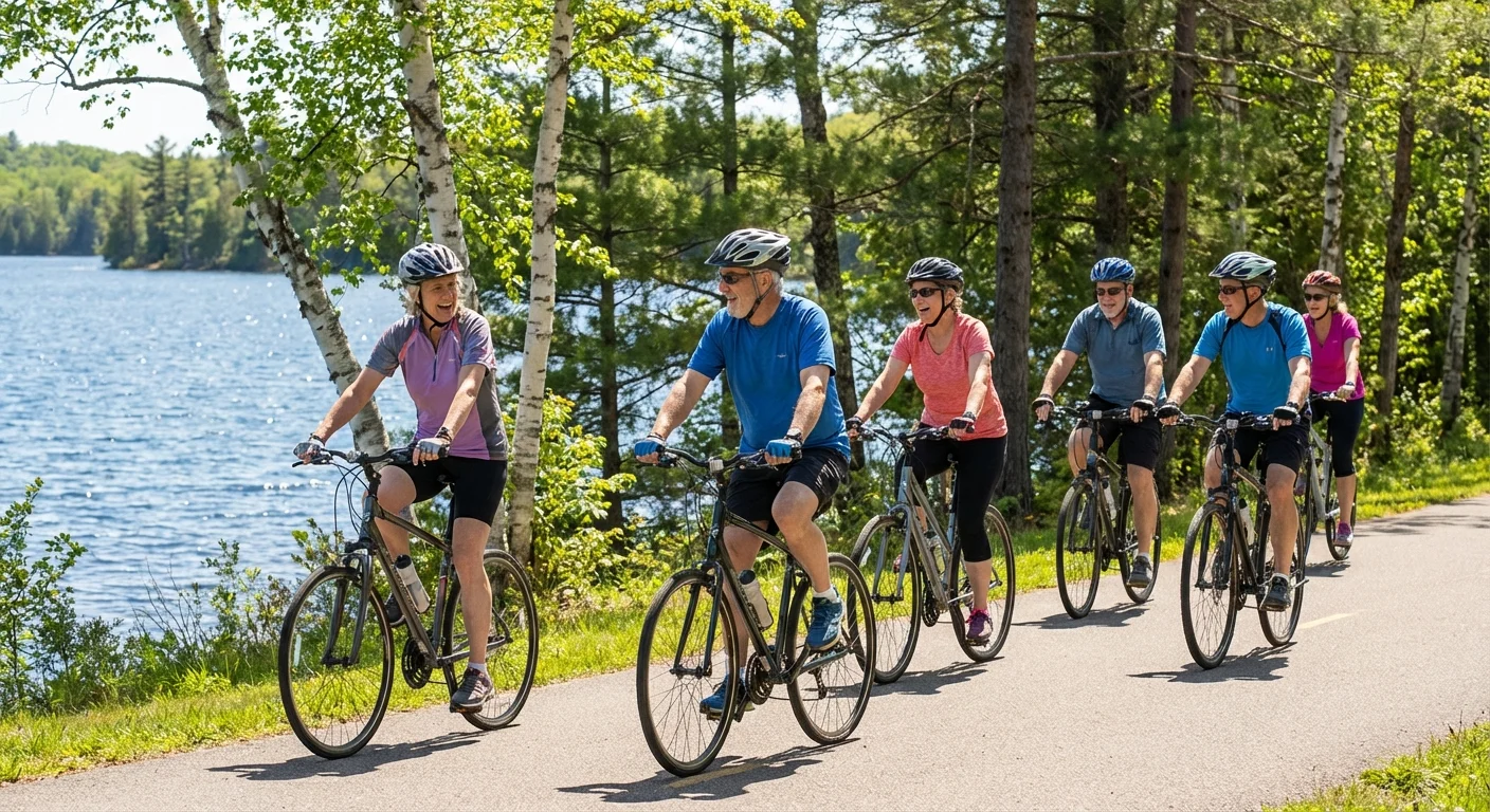 Active retirees cycling on a beautiful lakeside trail in Minnesota.