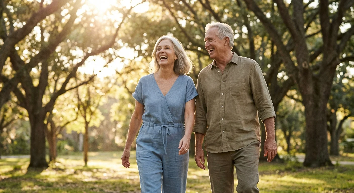 An active retired couple walking and talking in a bright, green park.