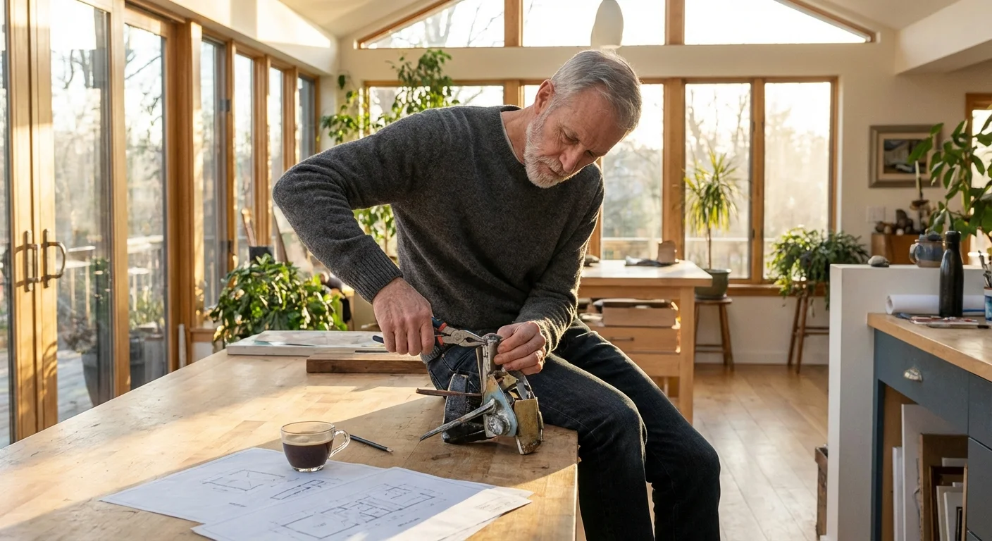 An active retiree working on a creative project in a bright studio.