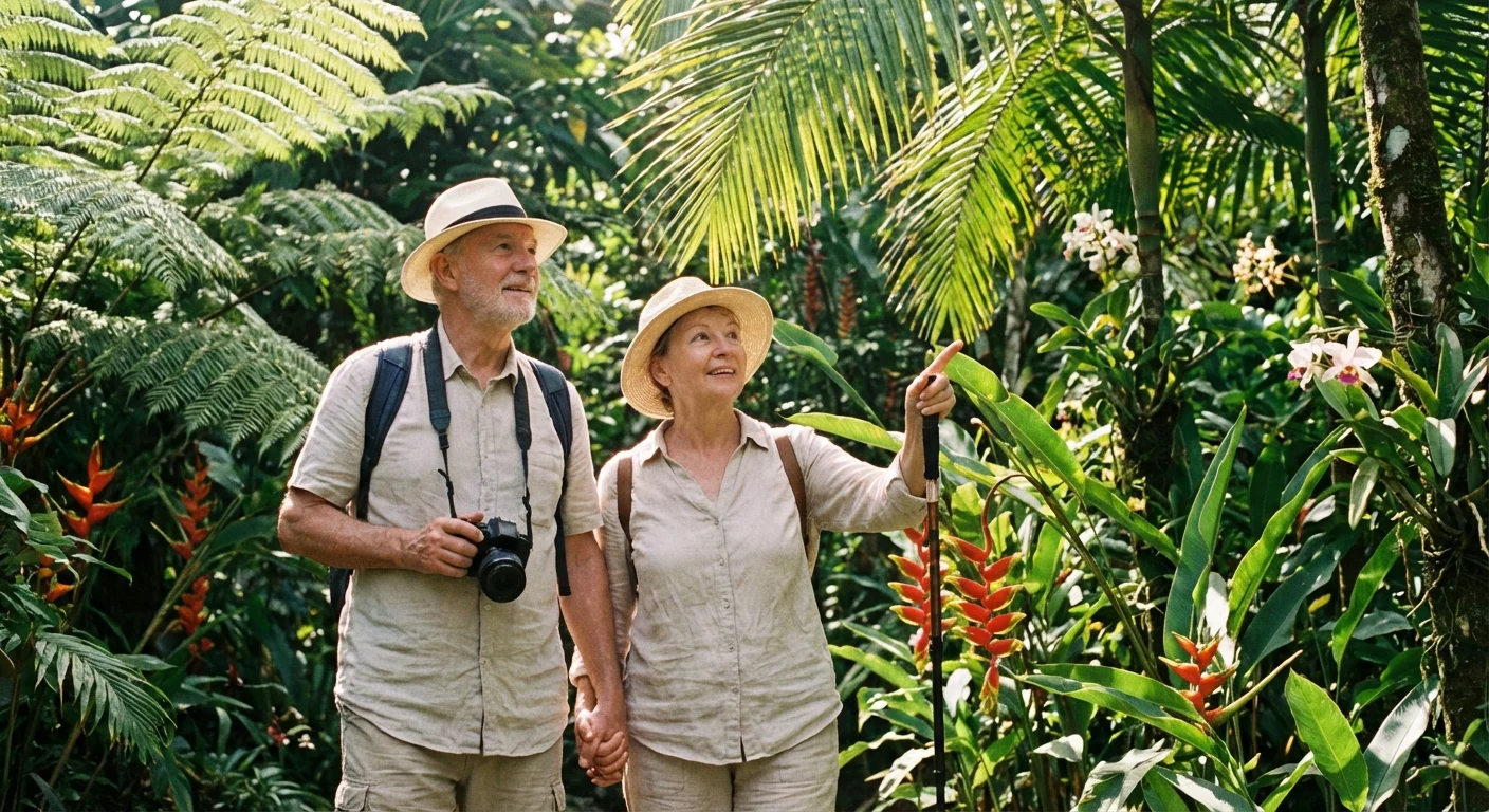 An active senior couple exploring a lush tropical garden in Panama.