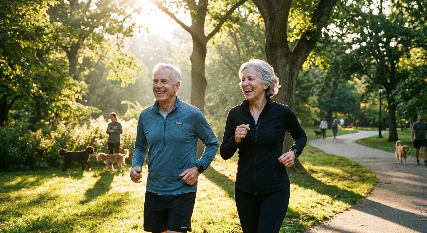 An active senior couple jogging in a park, highlighting the importance of health and vitality.
