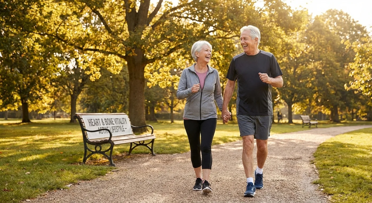 An active senior couple walking in a park, symbolizing heart and bone health.