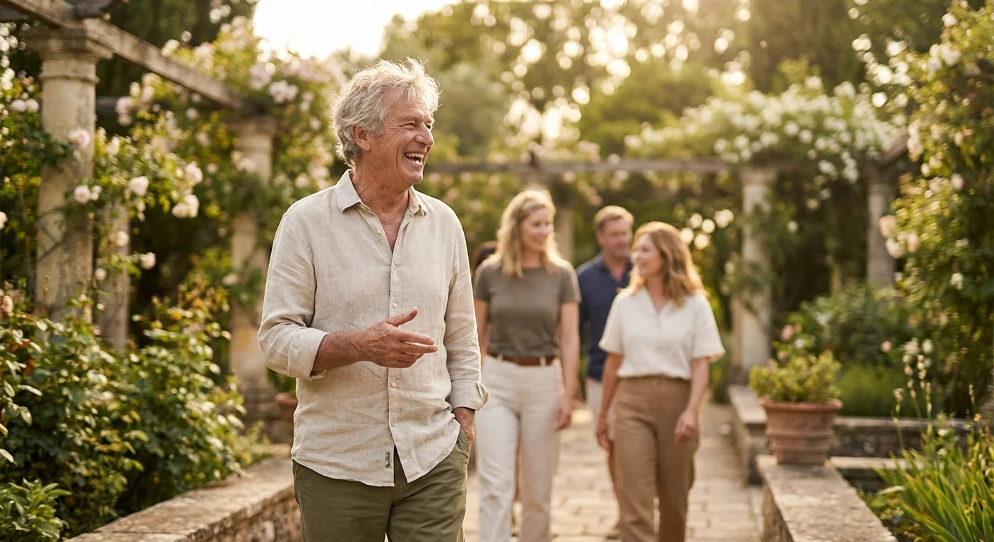 An active senior man happily leading a tour group through a lush, sunlit garden.