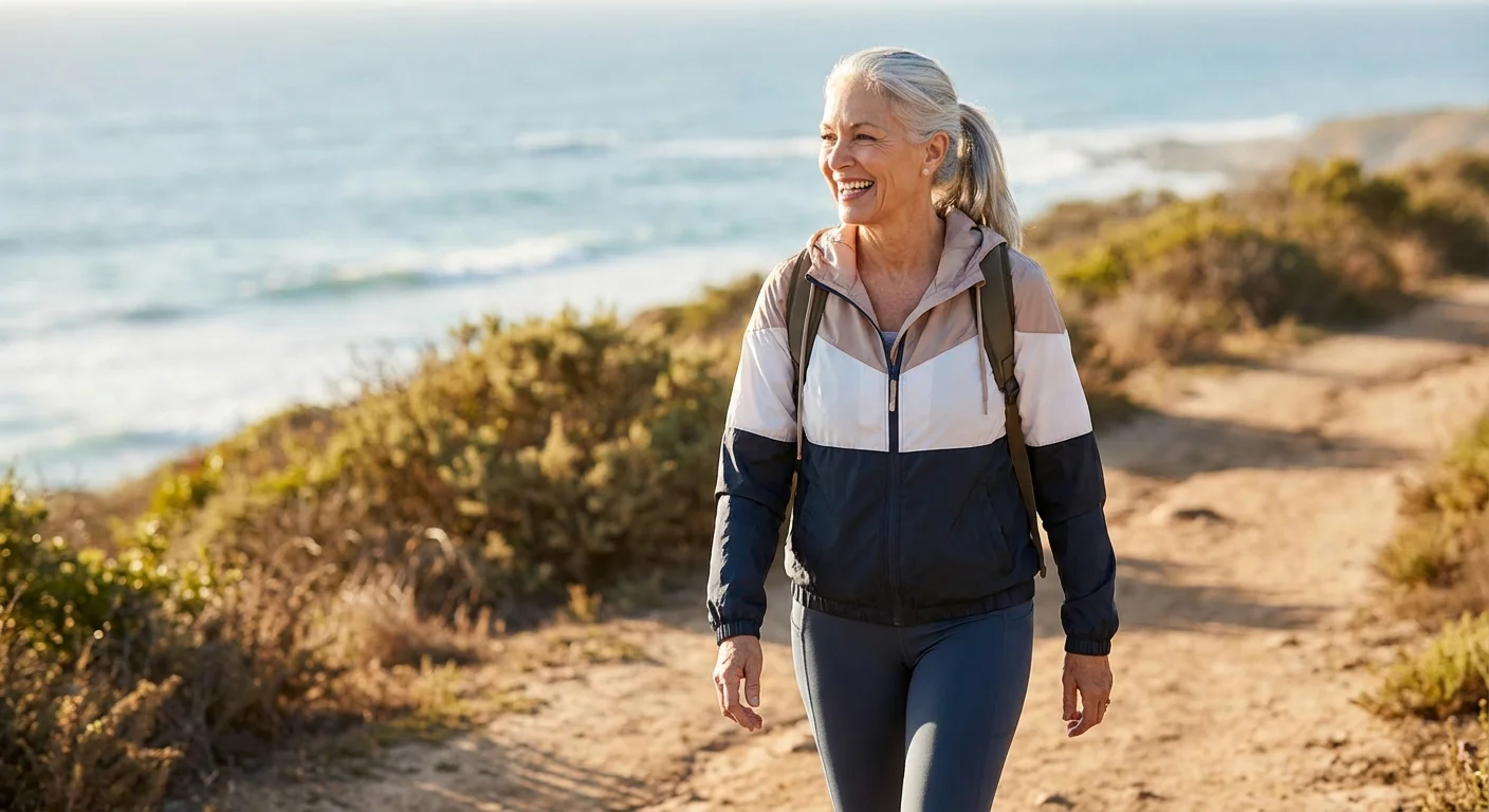 An active senior woman walking on a beautiful coastal trail in the sunlight.