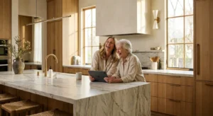 An adult daughter and elderly mother sharing a happy moment in a bright, modern kitchen.
